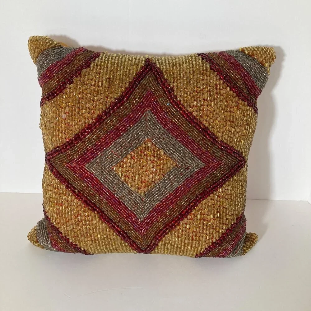 Pier 1 Imports Beaded Luxury Throw Pillow Geometric Red Gold Silver 11 x 11